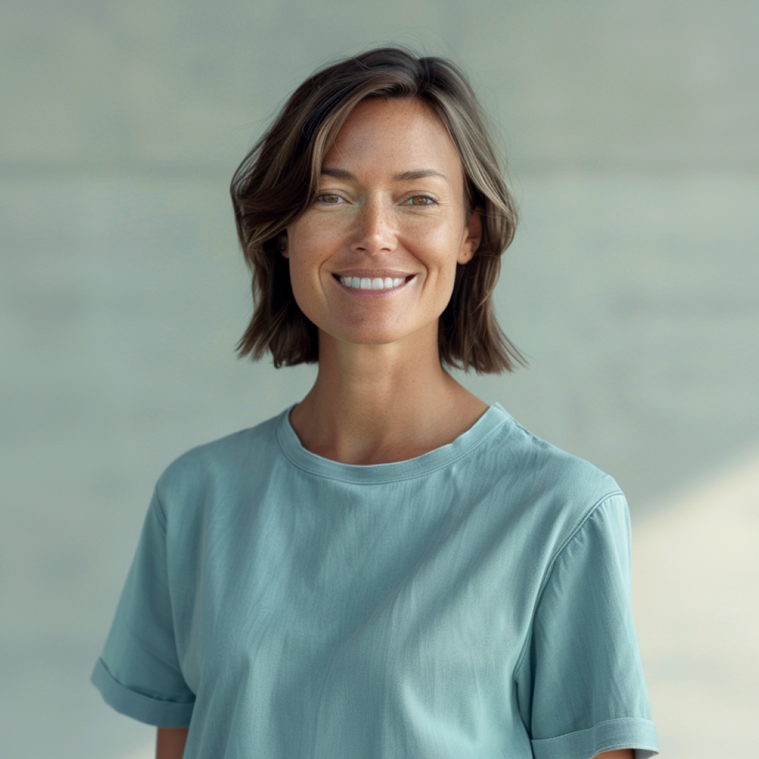 A woman with shoulder-length hair is smiling, wearing a light blue t-shirt. The background is softly blurred, suggesting an indoor setting with neutral tones.