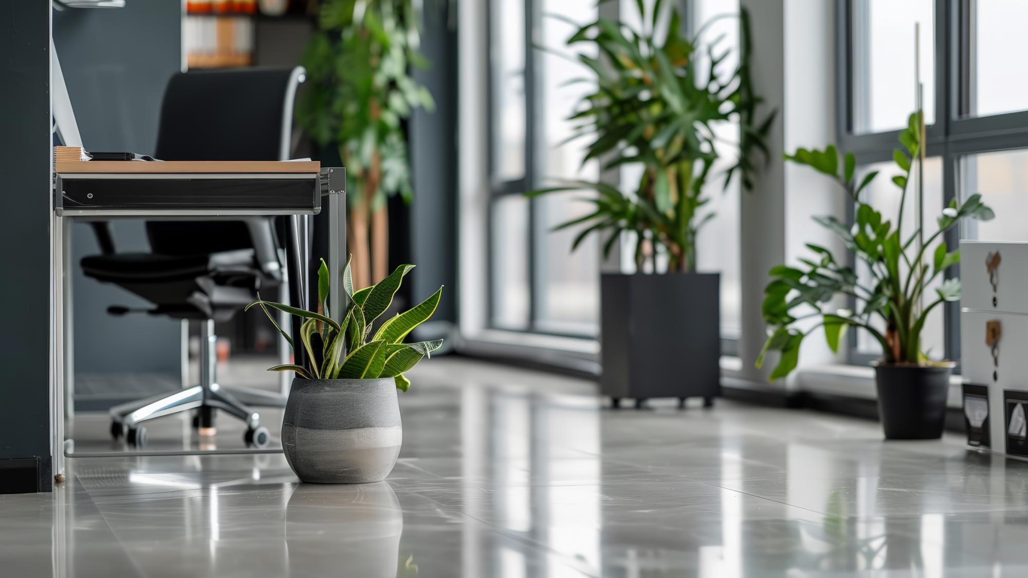 A modern office space with large windows, featuring several indoor plants, a gray and white potted plant in the foreground, and an office chair and desk visible in the background.
