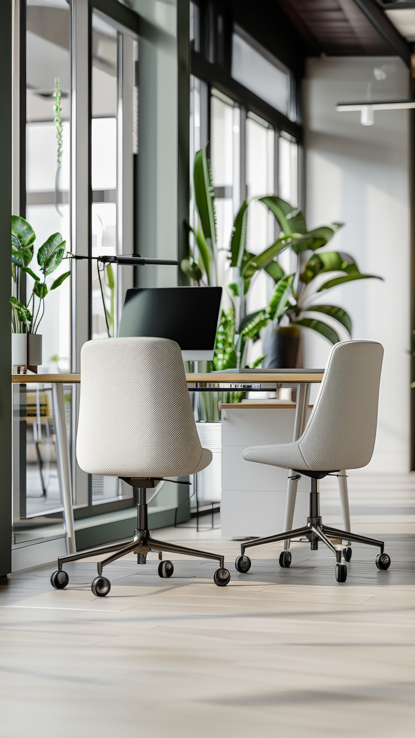 A modern office interior featuring a desk with a computer, two rolling chairs, and large windows. The space is decorated with various indoor plants, creating a bright and fresh atmosphere.